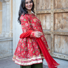 (Pre-order) Red Pure Cotton Printed Round Neck Full Sleeves Hip Length Flared Kurta Farshi Salwar And Dupatta Set