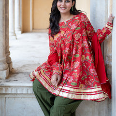 (Pre-order) Red Pure Cotton Printed Round Neck Full Sleeves Hip Length Flared Kurta Farshi Salwar And Dupatta Set