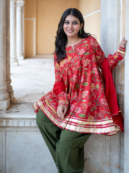 (Pre-order) Red Pure Cotton Printed Round Neck Full Sleeves Hip Length Flared Kurta Farshi Salwar And Dupatta Set