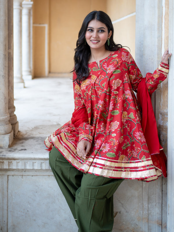 (Pre-order) Red Pure Cotton Printed Round Neck Full Sleeves Hip Length Flared Kurta Farshi Salwar And Dupatta Set