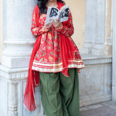 (Pre-order) Red Pure Cotton Printed Round Neck Full Sleeves Hip Length Flared Kurta Farshi Salwar And Dupatta Set