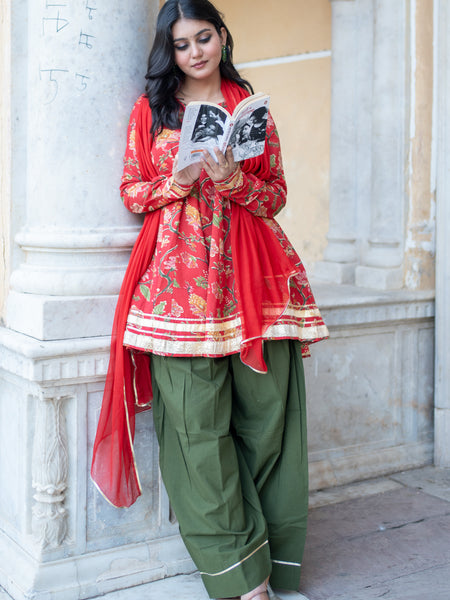 (Pre-order) Red Pure Cotton Printed Round Neck Full Sleeves Hip Length Flared Kurta Farshi Salwar And Dupatta Set
