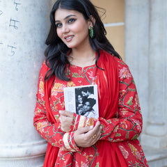 (Pre-order) Red Pure Cotton Printed Round Neck Full Sleeves Hip Length Flared Kurta Farshi Salwar And Dupatta Set