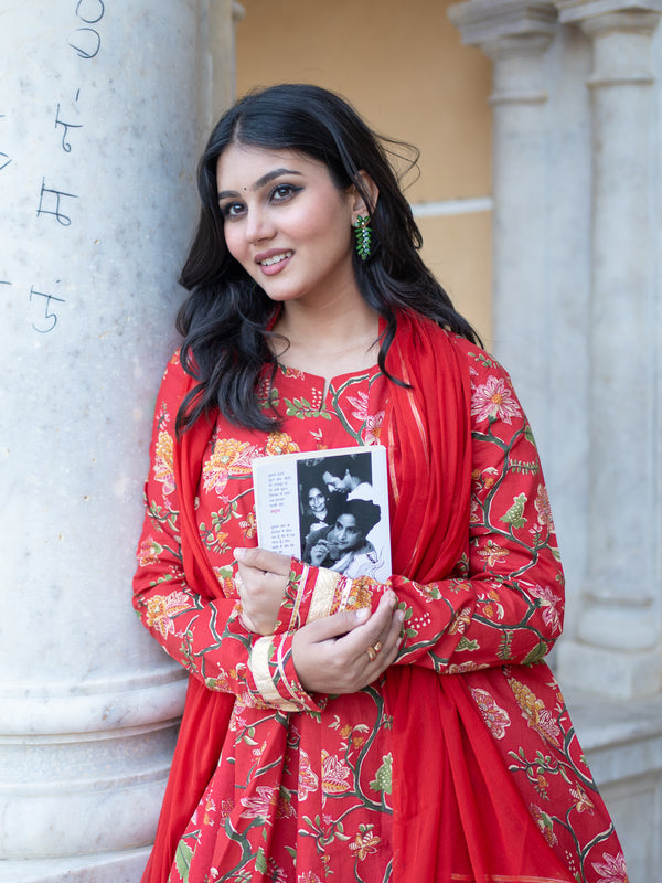 (Pre-order) Red Pure Cotton Printed Round Neck Full Sleeves Hip Length Flared Kurta Farshi Salwar And Dupatta Set