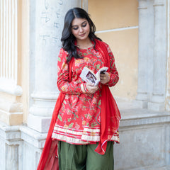 (Pre-order) Red Pure Cotton Printed Round Neck Full Sleeves Hip Length Flared Kurta Farshi Salwar And Dupatta Set