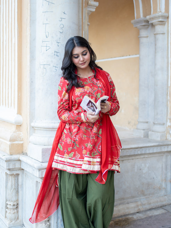 (Pre-order) Red Pure Cotton Printed Round Neck Full Sleeves Hip Length Flared Kurta Farshi Salwar And Dupatta Set