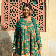 (Pre-order) Green Pure Cotton Printed Round Neck Full Sleeves Hip Length Flared Kurta Farshi Salwar And Dupatta Set