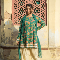 (Pre-order) Green Pure Cotton Printed Round Neck Full Sleeves Hip Length Flared Kurta Farshi Salwar And Dupatta Set