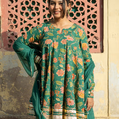 (Pre-order) Green Pure Cotton Printed Round Neck Full Sleeves Hip Length Flared Kurta Farshi Salwar And Dupatta Set