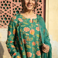 (Pre-order) Green Pure Cotton Printed Round Neck Full Sleeves Hip Length Flared Kurta Farshi Salwar And Dupatta Set