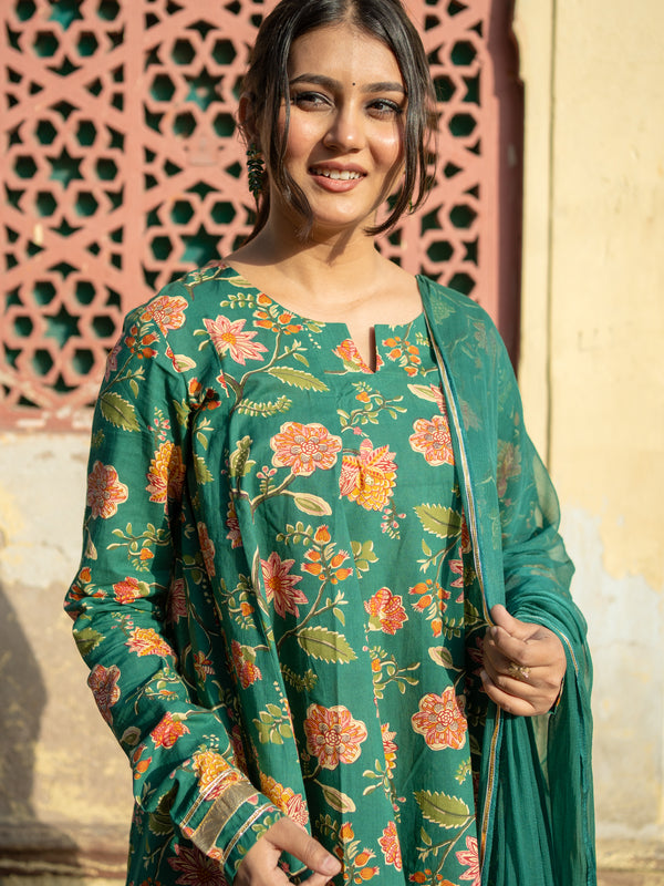 (Pre-order) Green Pure Cotton Printed Round Neck Full Sleeves Hip Length Flared Kurta Farshi Salwar And Dupatta Set