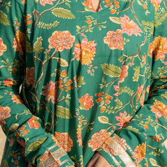 (Pre-order) Green Pure Cotton Printed Round Neck Full Sleeves Hip Length Flared Kurta Farshi Salwar And Dupatta Set