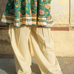 (Pre-order) Green Pure Cotton Printed Round Neck Full Sleeves Hip Length Flared Kurta Farshi Salwar And Dupatta Set