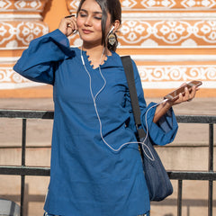 (Pre-order) Navy Blue Pure Cotton Solid Round Neck Full Sleeves Hip Length Straight Kurta Farshi Salwar Set