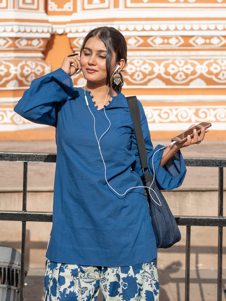 (Pre-order) Navy Blue Pure Cotton Solid Round Neck Full Sleeves Hip Length Straight Kurta Farshi Salwar Set
