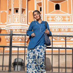 (Pre-order) Navy Blue Pure Cotton Solid Round Neck Full Sleeves Hip Length Straight Kurta Farshi Salwar Set