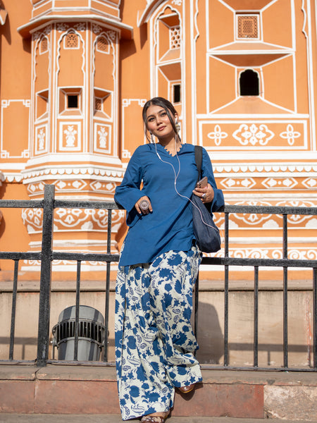 (Pre-order) Navy Blue Pure Cotton Solid Round Neck Full Sleeves Hip Length Straight Kurta Farshi Salwar Set