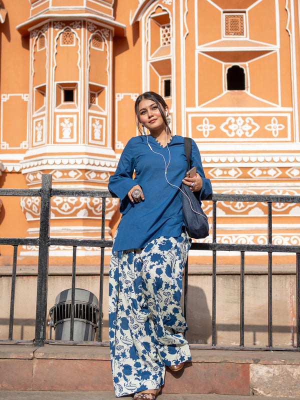 (Pre-order) Navy Blue Pure Cotton Solid Round Neck Full Sleeves Hip Length Straight Kurta Farshi Salwar Set