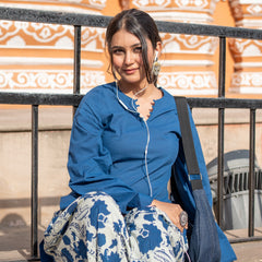 (Pre-order) Navy Blue Pure Cotton Solid Round Neck Full Sleeves Hip Length Straight Kurta Farshi Salwar Set