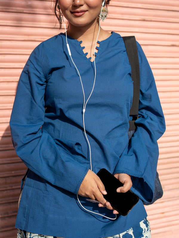 (Pre-order) Navy Blue Pure Cotton Solid Round Neck Full Sleeves Hip Length Straight Kurta Farshi Salwar Set
