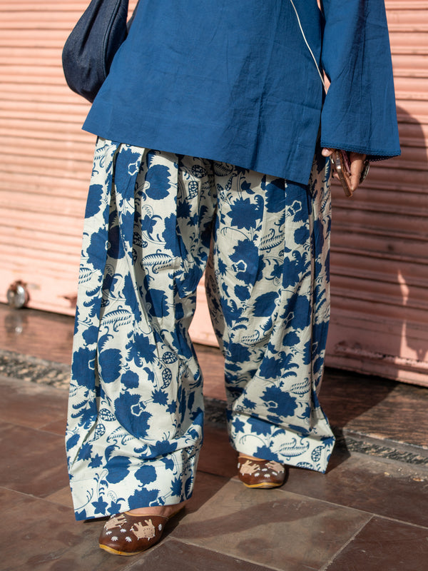 (Pre-order) Navy Blue Pure Cotton Solid Round Neck Full Sleeves Hip Length Straight Kurta Farshi Salwar Set