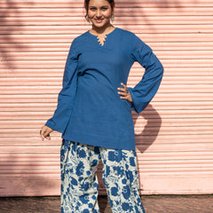 (Pre-order) Navy Blue Pure Cotton Solid Round Neck Full Sleeves Hip Length Straight Kurta Farshi Salwar Set