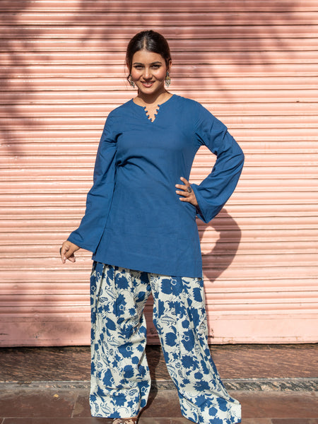(Pre-order) Navy Blue Pure Cotton Solid Round Neck Full Sleeves Hip Length Straight Kurta Farshi Salwar Set