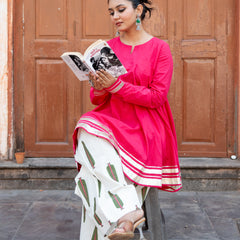 (Pre-order) Hot Pink Pure Cotton Solid Round Neck Full Sleeves Hip Length Flared Kurta Farshi Salwar Set
