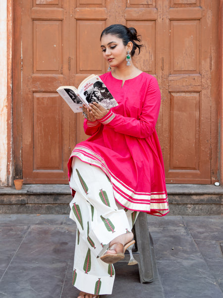 (Pre-order) Hot Pink Pure Cotton Solid Round Neck Full Sleeves Hip Length Flared Kurta Farshi Salwar Set