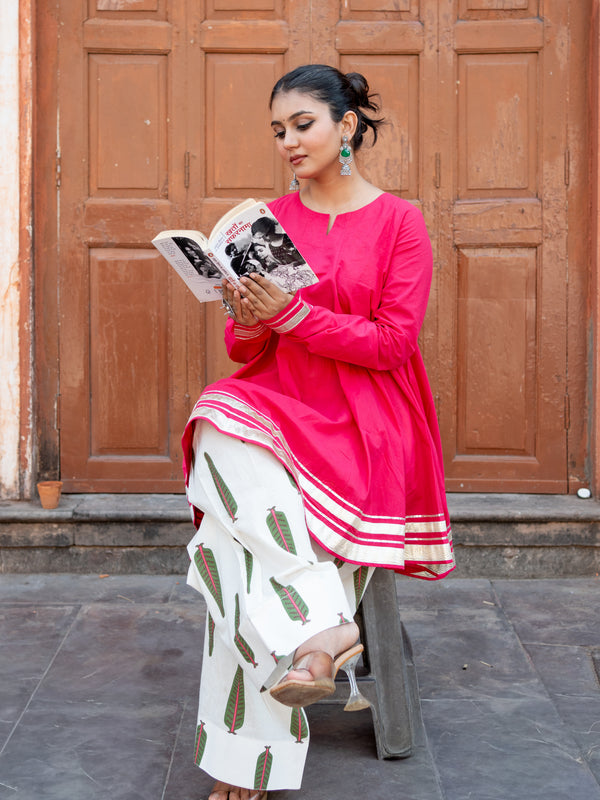(Pre-order) Hot Pink Pure Cotton Solid Round Neck Full Sleeves Hip Length Flared Kurta Farshi Salwar Set