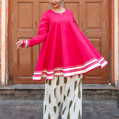 (Pre-order) Hot Pink Pure Cotton Solid Round Neck Full Sleeves Hip Length Flared Kurta Farshi Salwar Set