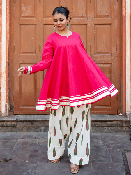 (Pre-order) Hot Pink Pure Cotton Solid Round Neck Full Sleeves Hip Length Flared Kurta Farshi Salwar Set