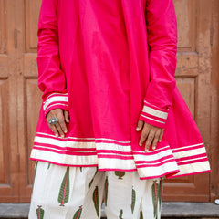 (Pre-order) Hot Pink Pure Cotton Solid Round Neck Full Sleeves Hip Length Flared Kurta Farshi Salwar Set