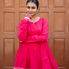 (Pre-order) Hot Pink Pure Cotton Solid Round Neck Full Sleeves Hip Length Flared Kurta Farshi Salwar Set