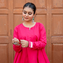 (Pre-order) Hot Pink Pure Cotton Solid Round Neck Full Sleeves Hip Length Flared Kurta Farshi Salwar Set