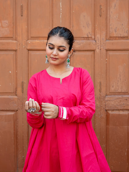 (Pre-order) Hot Pink Pure Cotton Solid Round Neck Full Sleeves Hip Length Flared Kurta Farshi Salwar Set