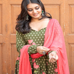 (Pre-order) Olive Green Pure Cotton Printed Sweetheart Neck Full Sleeves Ankle Length Flared Kurta Pant And Dupatta Set