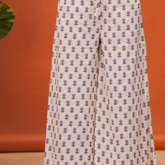 Offwhite Pure Cotton Printed Round Neck Calf Length Nayra Cut Kurta, Palazzo & Dupatta Set Mizaz Jaipur