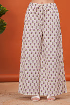 Offwhite Pure Cotton Printed Round Neck Calf Length Nayra Cut Kurta, Palazzo & Dupatta Set Mizaz Jaipur