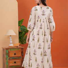 Offwhite Pure Cotton Printed Round Neck Calf Length Nayra Cut Kurta, Palazzo & Dupatta Set Mizaz Jaipur