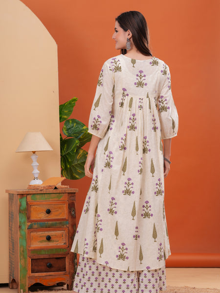 Offwhite Pure Cotton Printed Round Neck Calf Length Nayra Cut Kurta, Palazzo & Dupatta Set Mizaz Jaipur