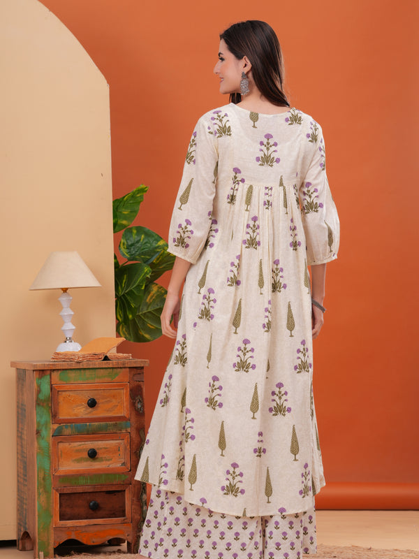 Offwhite Pure Cotton Printed Round Neck Calf Length Nayra Cut Kurta, Palazzo & Dupatta Set Mizaz Jaipur