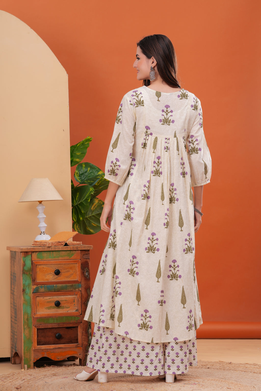 Offwhite Pure Cotton Printed Round Neck Calf Length Nayra Cut Kurta, Palazzo & Dupatta Set Mizaz Jaipur