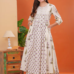 Offwhite Pure Cotton Printed Round Neck Calf Length Nayra Cut Kurta, Palazzo & Dupatta Set Mizaz Jaipur