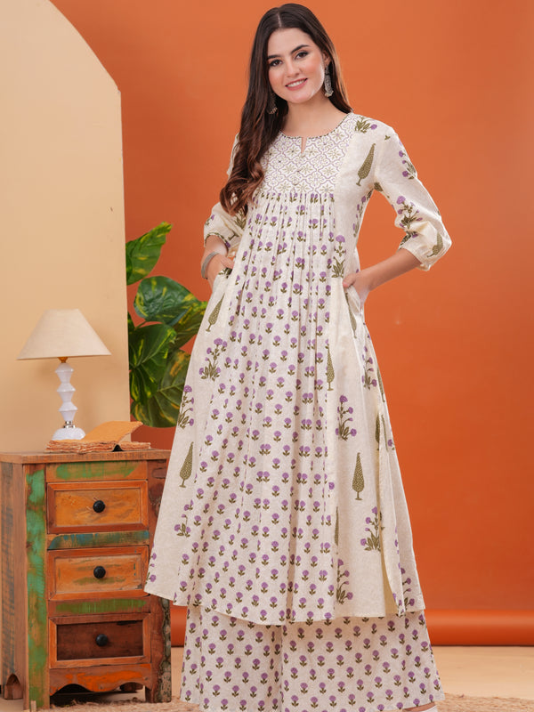 Offwhite Pure Cotton Printed Round Neck Calf Length Nayra Cut Kurta, Palazzo & Dupatta Set Mizaz Jaipur