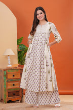 Offwhite Pure Cotton Printed Round Neck Calf Length Nayra Cut Kurta, Palazzo & Dupatta Set Mizaz Jaipur