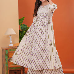 Offwhite Pure Cotton Printed Round Neck Calf Length Nayra Cut Kurta, Palazzo & Dupatta Set Mizaz Jaipur