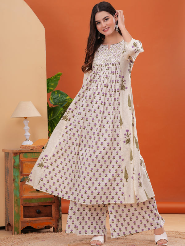 Offwhite Pure Cotton Printed Round Neck Calf Length Nayra Cut Kurta, Palazzo & Dupatta Set Mizaz Jaipur