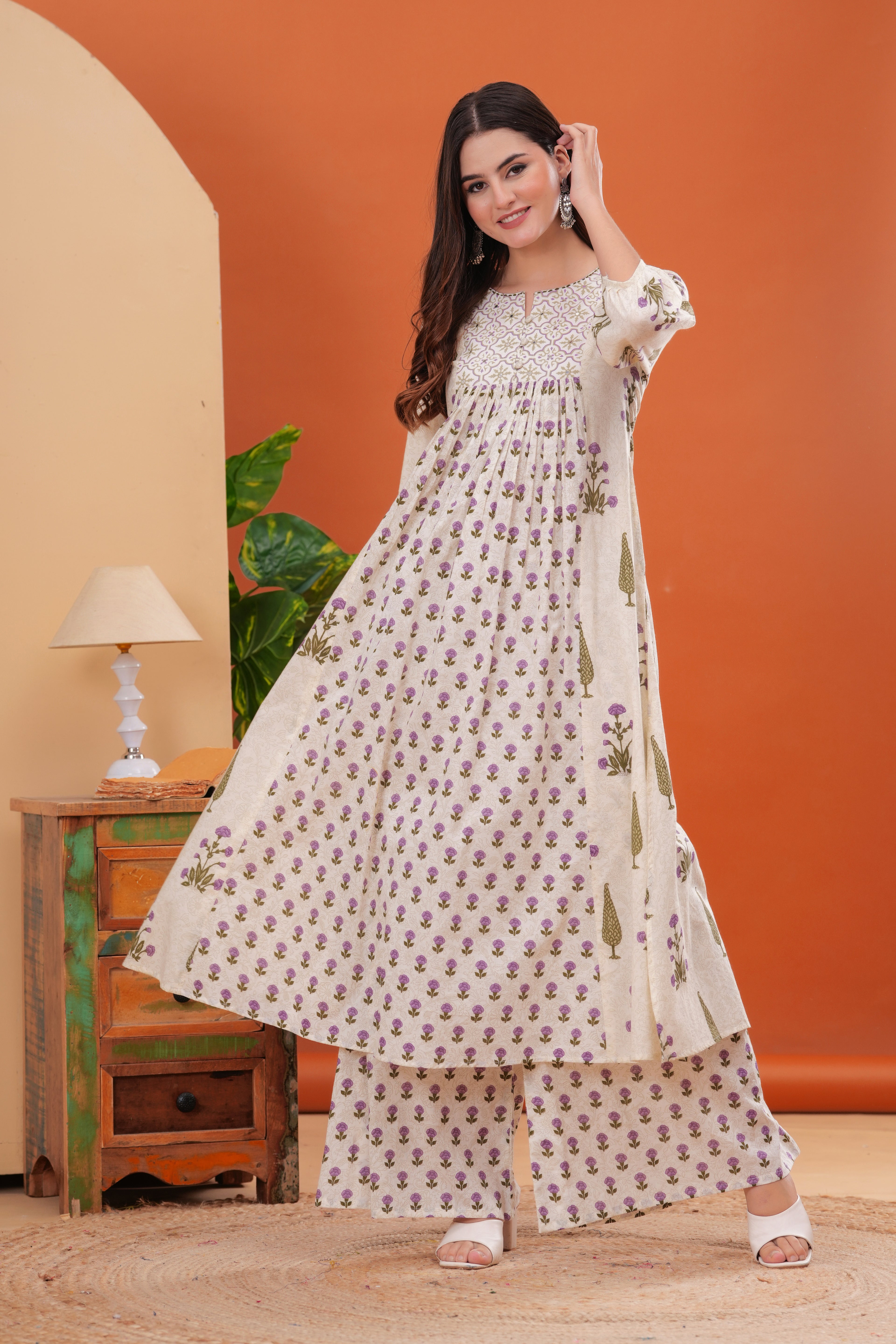 Offwhite Pure Cotton Printed Round Neck Calf Length Nayra Cut Kurta, Palazzo & Dupatta Set Mizaz Jaipur