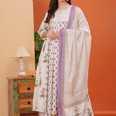 Offwhite Pure Cotton Printed Round Neck Calf Length Nayra Cut Kurta, Palazzo & Dupatta Set Mizaz Jaipur